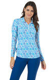 Ibkul Women's Terra Print Adjustable Long Sleeve Zip Polo